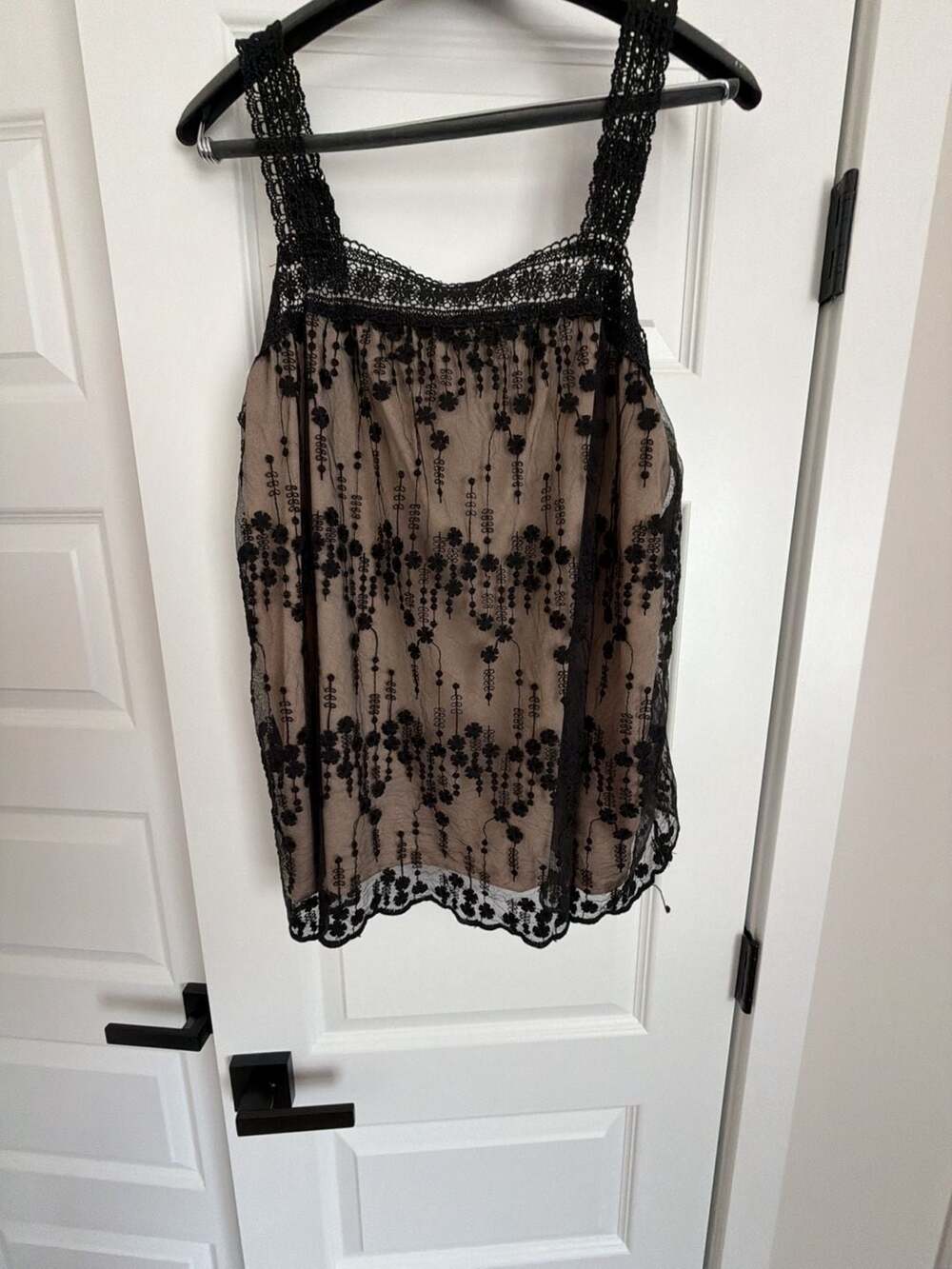 Floral Embroidered Black Lace Tank Top with Nude Lining